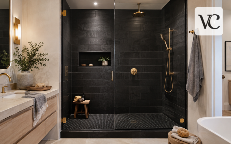 black tile shower