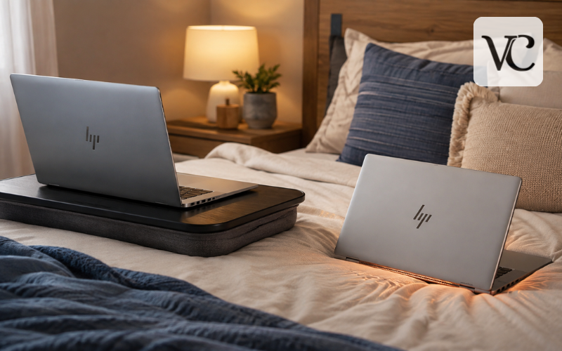 hp laptop on bed