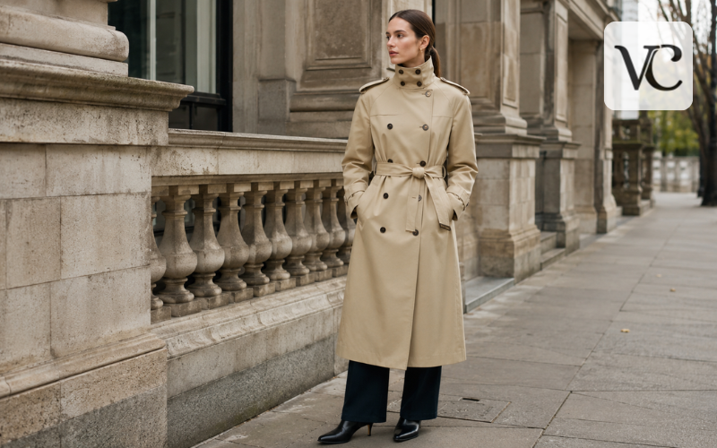 trench coat buttoned to the top